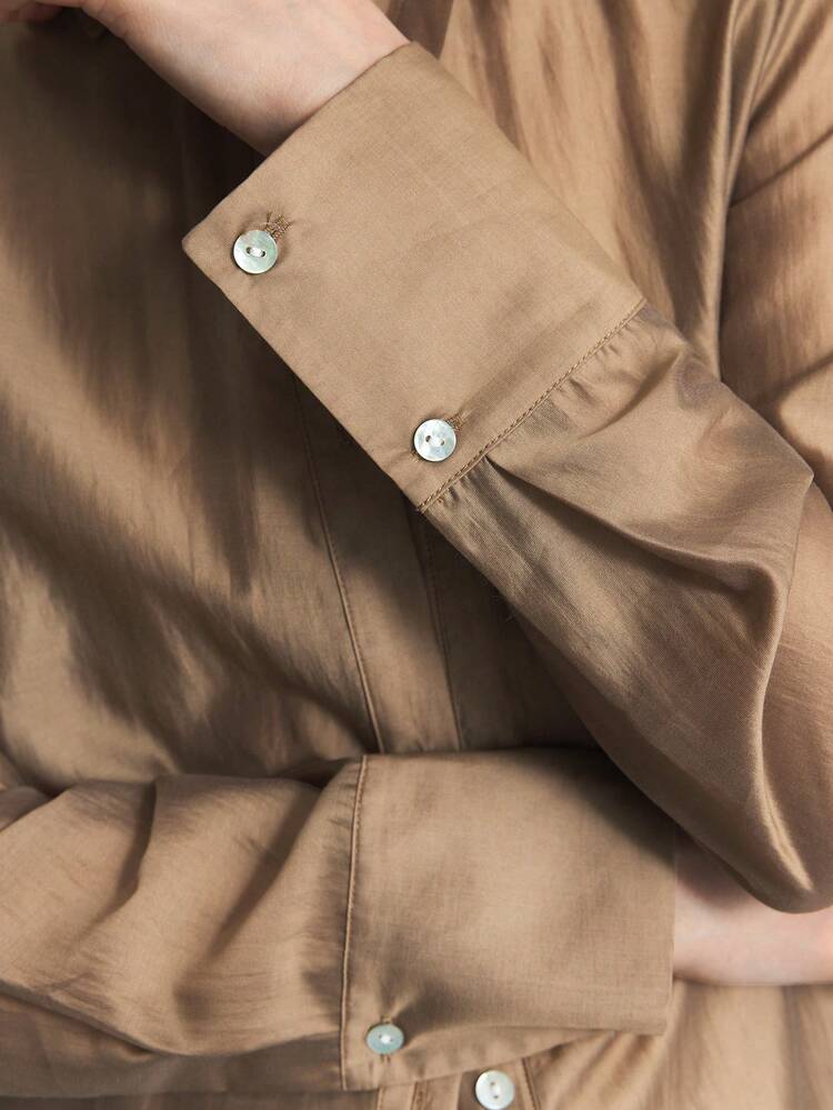 Women's 2026 SS Spring & Summer Brown Solid Color Blouse, Loose Casual Long Sleeve Shirt With Turndown Collar, Elegant Urban Chic For Office, Teacher, Holiday, Fashion Versatile Women Shirt