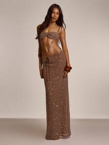 MUSERA Strappy Sequin Open Back Bralet With Low Rise Drawstring Sequin Maxi Skirt Coord Sold As Set Cute Summer Spring Sexy Going Out Beach Holiday Vacation Honey Tides - Cream - View 5