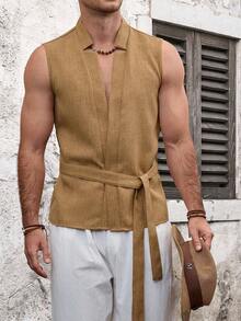 VENTUSAIL Men's Summer Casual Sleeveless Front-Open Shirt - Khaki - View 4