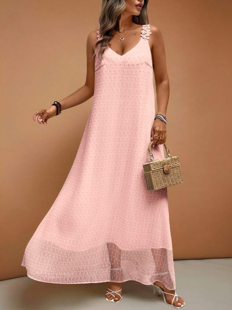 Plus Size Women Vacation Lace Trim Solid Color French Style Dress Women's Summer Dresses Women's Summer Outfits Women Maxi Dresses - Pink - View 3