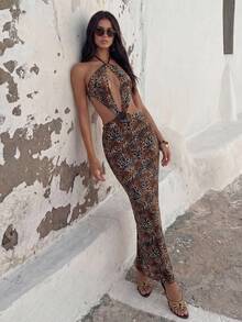 Bonvoyette 女士优雅时尚豹纹针织度假连衣裙 - 彩色 - 查看 7