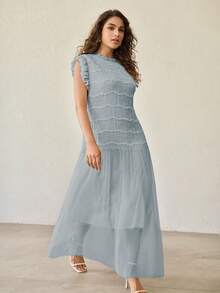 MOTF PREMIUM ROBE SANS MANCHES EN MAILLE FRONCÉE GRANDE TAILLE - Bleu azur - Voir 5