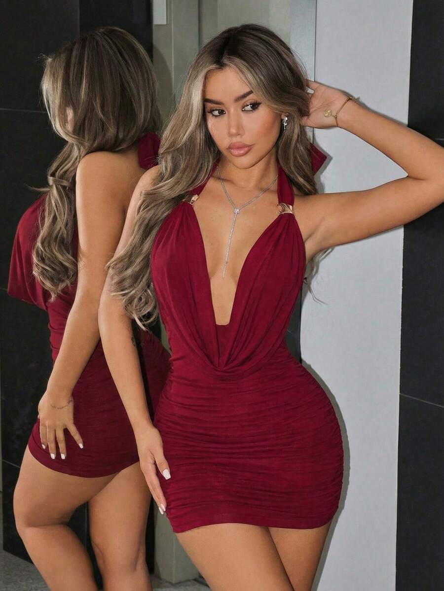 SHEIN ICON Đầm ngắn gợi cảm cổ chữ V khoét sâu, lưng hở, đính kim loại, dành cho nữ, thanh lịch cho buổi tối đi chơi hoặc kỳ nghỉ hè. - Đỏ - Xem 1