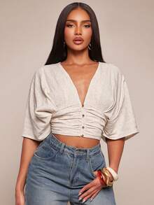 Radiana 女士亚麻蝙蝠袖短袖衬衫，适合休闲外出、购物、通勤、办公、度假等场合，是女士夏季穿搭的理想之选。这款褶皱上衣专为女性设计。 - 杏色 - 查看 3