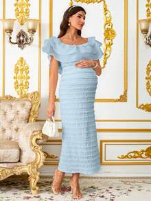 SHEIN Maternity Off-Shoulder Ruffle Trim Textured Fabric Long Dress For Summer - Baby Blue - View 6