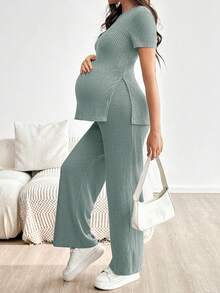 SHEIN Bộ đồ bầu 2 món, màu trơn, tay ngắn xẻ tà và quần, thích hợp cho mùa hè. - Màu xanh nhạt - Xem 5