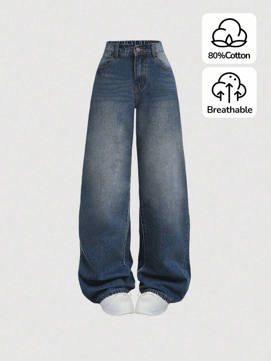 SHEIN 少女Y2K宽松休闲牛仔裤,带口袋和阔腿设计,适合夏季假期穿着。 - 深色水洗藍 - 查看 1