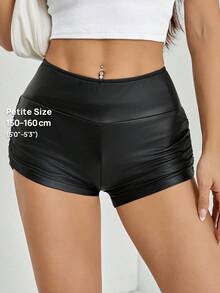SHEIN PETITE 女士纯色褶皱黑色 PU 皮革短款紧身裤 - 黑色 - 查看 10