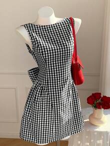 Vestido mini de mujer con decoración de lazo a cuadros - Blanco y Negro - Ver 5