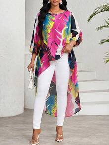 SHEIN Lady 女士前短后长全印花优雅衬衫 - 彩色 - 查看 4