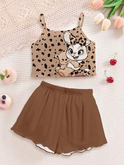 SHEIN Bộ 2 món gồm áo hai dây và quần short in hình thỏ và báo dễ thương, đồ mặc nhà thoải mái cho bé gái, thích hợp mặc hàng ngày vào mùa xuân/hè, đi du lịch, phối đồ, nghỉ mát, hoạt động ngoài trời, thư giãn.