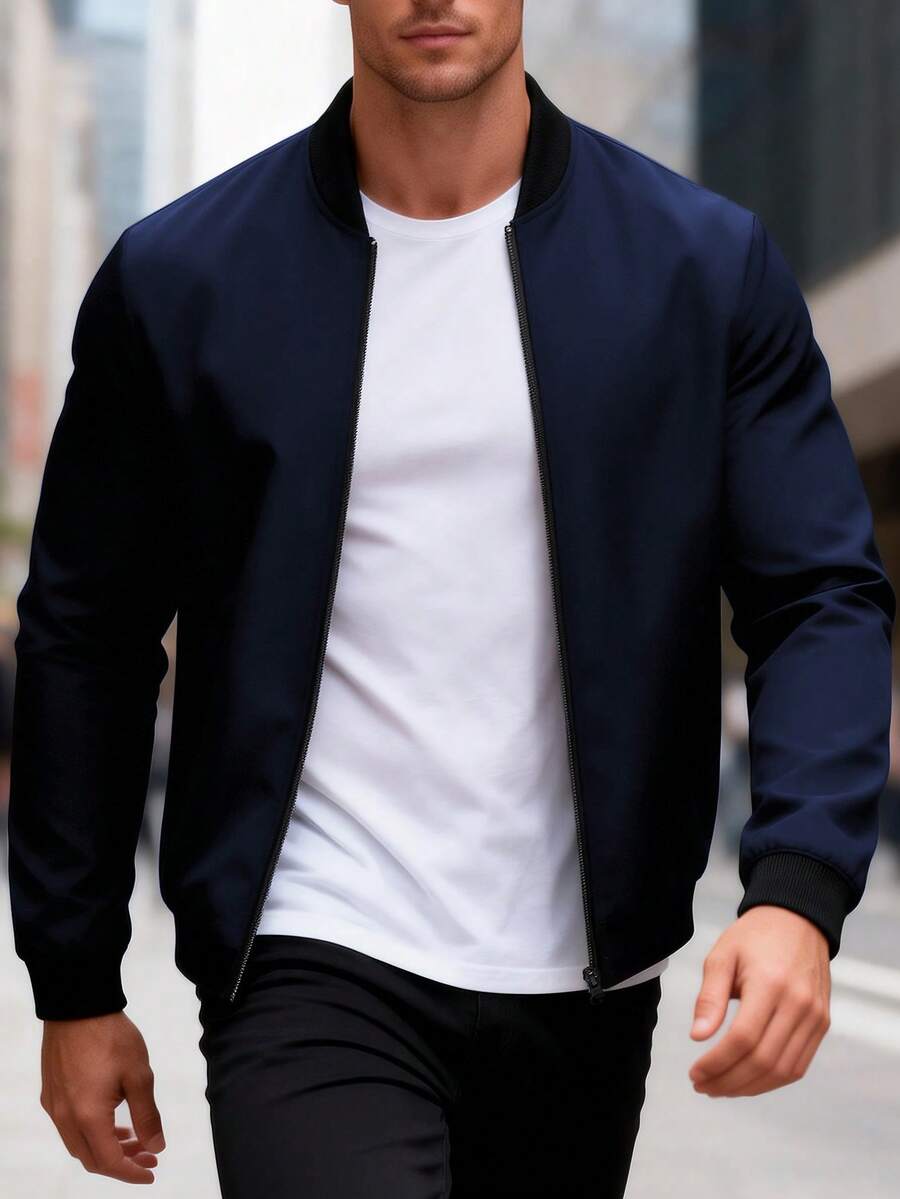 Manfinity Homme 男士纯色简约休闲长袖拉链外套 - 藏蓝色 - 查看 1