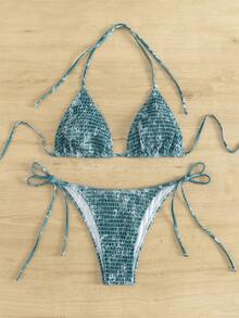 SHEIN Swim 女士夏季沙灘雙肩帶收縮上衣和打結底部比基尼套裝，非常適合度假 - 彩色 - 查看 2