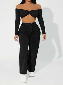 SHEIN ICON Jeans de mezclilla negra sin estiramiento de moda callejera para mujer de talla grande - Negro - Ver 5