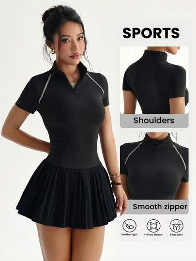 CourtClass 夏季休闲立领短袖褶裥下摆运动连衣裙