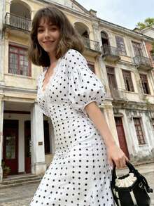 INAWLY Women's Elegant Polka Dot Print Lace Patchwork Summer Dress - Ivory White - View 5
