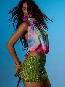 MUSERA Printed High Neck Keyhole Cutout Front Balloon Style Fitted Waist Top Summer Sexy Going Out Beach Holiday Ibiza Club Tropical Fever Y2K - Multicolor - View 3