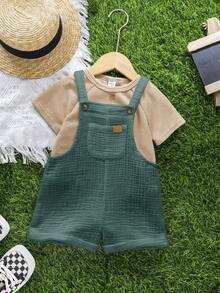Newborn Baby Boy Cute Versatile Solid White Gauze Bib Overalls Shorts,Kids - Mint Green - View 6