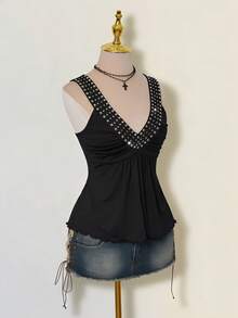 SHEIN ICON 复古休闲亮片吊带深V领女式背心 - 黑色 - 查看 3