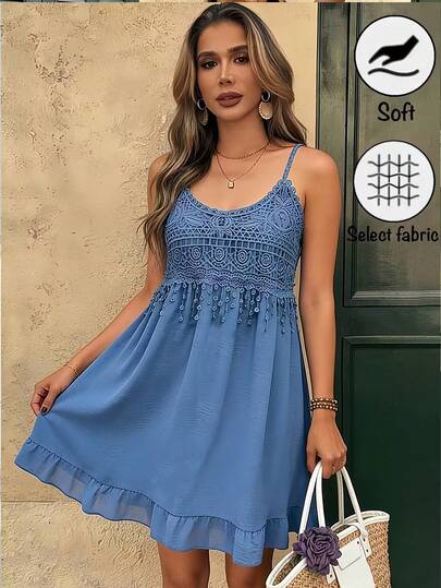 Breezaya Bohemian Lace Patchwork Spaghetti Strap Loose Waist Casual Mini Dress, Matte Teal Blue Short Dress For Summer