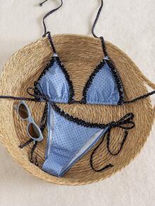 Swim Mod Spring/Summer Beach Vacation French Retro Polka Dot Ruffle Halter Bikini Set, 2 Pieces Swimsuit - Multicolor - View 3