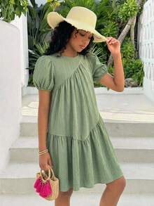 SHEIN 少女度假休闲时尚圆领泡泡袖中长连衣裙，适合海滩度假、午餐、音乐节等场合 - 綠色 - 查看 4