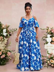 Fleurora Vestido de playa de verano con estampado floral y hombros descubiertos con cinturón para mujer de talla grande - Azul - Ver 4