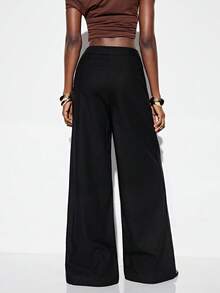 GENKIRA 黑色高腰宽松阔腿及地长裤，前部金属孔眼设计，朋克休闲百搭款 - 黑色 - 查看 2