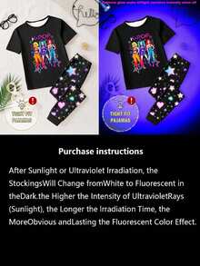 Conjunto de pijama con efecto fosforescente para niñas preadolescentes, top de manga corta negro con estampado de grupo de chicas y leggings negros con estampado de estrellas y corazones, estilo ajustado, se recomienda pedir una talla talla grande grande - Blanco - Ver 6