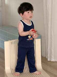 DAZY 2件組男嬰卡通印花圓領背心與長褲睡衣套裝 夏季幼兒 - 藍色 - 查看 5