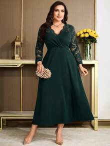 Modelyn Vestido elegante de fiesta de talla grande de unicolor con parches de encaje - Verde Oscuro - Ver 4