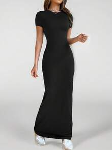 SHEIN PETITE 女士圆领修身短袖连衣裙，适合春夏季日常穿着 - 黑色 - 查看 10