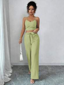 SHEIN PETITE Women's Casual Solid Color High Waist Camisole & Wide Leg Pants Set - Yellow - View 5