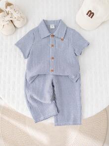 SHEIN Bộ đồ hè cho bé trai gồm áo sơ mi và quần kẻ sọc, trang phục kẻ sọc, bộ đồ hè cho bé trai. - Nhiều màu - Xem 5