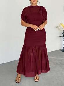 Firerie Elegantes, zierliches, romantisches, charmantes, modisches Maxikleid in Große Größen für Valentinstag, Abendessen, Hochzeitsgast, Feiertage, aus transparentem Mesh, 2-in-1, in Braun - Rot-violett - Übersicht 5