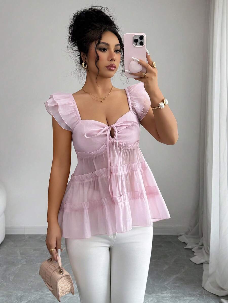 Rafferiza Áo sơ mi nữ mùa hè thời trang hai lớp tay bồng, khoét lỗ phía trước, dây rút, viền bèo nhún, thích hợp cho kỳ nghỉ. - Hồng - Xem 1