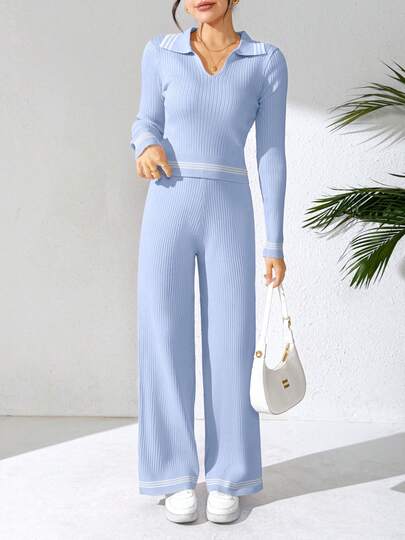 Conjunto de 2 piezas para mujer punto de tejido texturizado unicolor con pequeños detalles en color contraste formal de moda para uso casual o diario