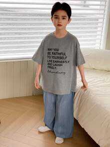 Dazy Kids Tween Boy Slogan Print Short Sleeve Top And Striped Pants Pajama Set Summer - Grey - View 6