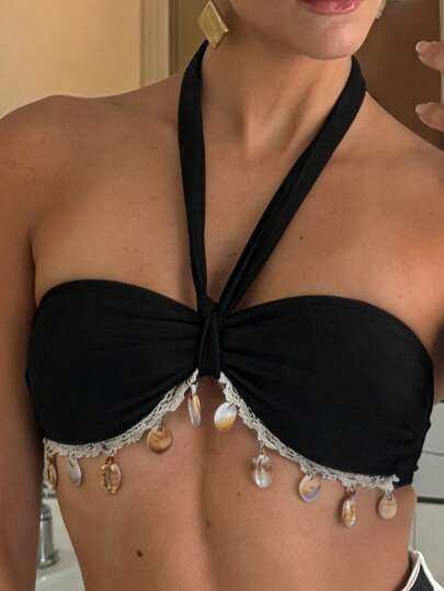 Swim Chiccia Women's Summer Beach Vacation Style Halter Neck Bikini Top With Shell Decor And Knot Detail