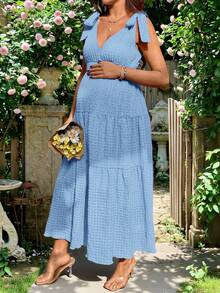 Lyckli Maternity Solid Color Deep V-Neck Ruffle Hem Casual Vacation Dress - Baby Blue - View 5