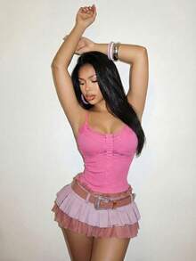 Slaydiva Áo camisole nữ ren cài nút, kiểu dáng thường ngày, đa năng. - Màu Hồng Tươi - Xem 3