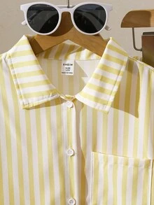 SHEIN 少女休闲条纹衬衫长裤套装，适合度假、外出、上学、ins风穿搭 - 白色 - 查看 4