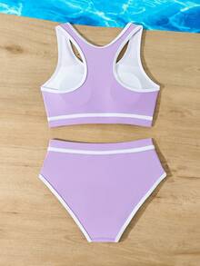 SHEIN Tween Girls' Summer Vacation Contrast Trim Halter Bikini Set - Purple - View 2