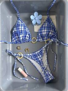 Swim Mod 女士夏季两件套格子印花随机三角上衣系带比基尼泳衣套装 - 藍色 - 查看 2