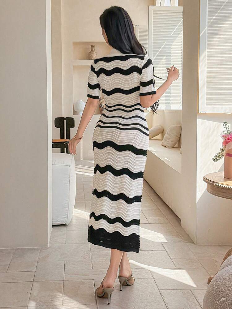 Women's Elegant Turndown Collar Colorblock Striped Knit Dress, Summer
