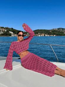 EURMUSE 2pcs Crochet Jacquard Hollow Out Loose Fit Cover Up Set - Dusty Pink - View 6