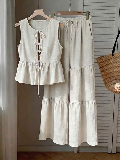 SHEIN Frenchy Conjunto informal de verano de 2 piezas con volantes y patchwork, adecuado para uso diario y vacaciones en la playa, talla grande