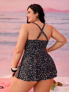 Swim Mod 大码女式碎花褶皱前部可调节肩带度假沙滩连衣裙，配比基尼泳裤 - 彩色 - 查看 2