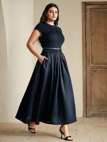 Anewsta New Elegant Round Neck Cap Sleeve Knit Patchwork Flared Waist Dress With Belt, Plus Size - Navy Blue - View 3
