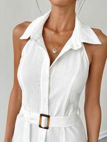 Breezaya Women's White Single-Breasted Sleeveless Shirt Dress, Crepe Elegant Summer Vintage Boho Classy Casual Dresses For Vacation,Holiday - Apricot - View 9